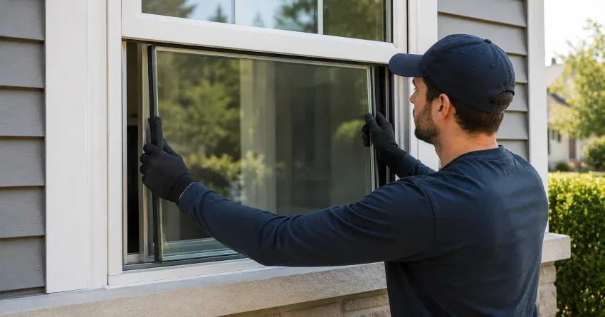 technician boarding up broken window during emergency glass repair Bluewater, Wasaga Beach