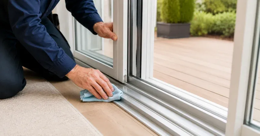 technician inspecting a sliding patio door track in County Meadows, Wasaga Beach