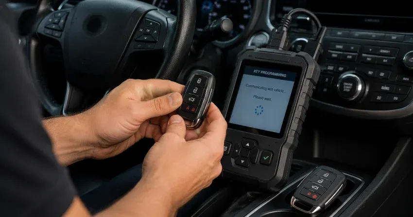 technician inspecting a worn car key before replacement in Bluewater, Wasaga Beach