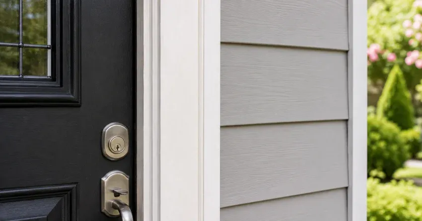technician inspecting door jamb behind cracked casing in Wasaga Meadows, Wasaga Beach home