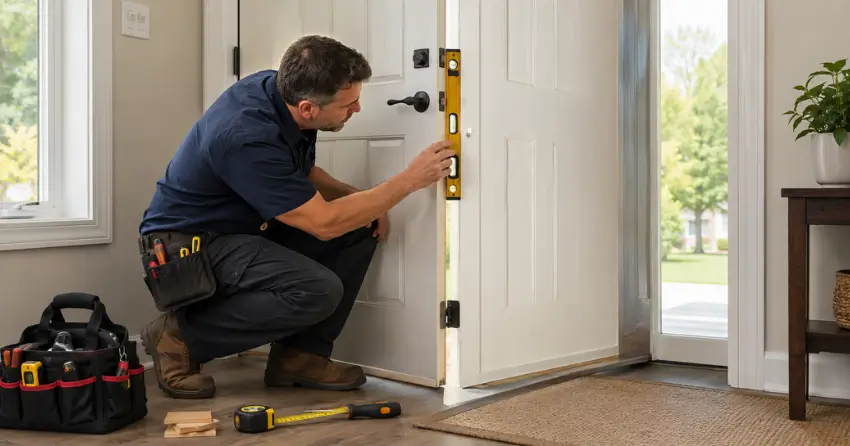 technician diagnosing a misaligned door frame in Wasaga Sands, Wasaga Beach