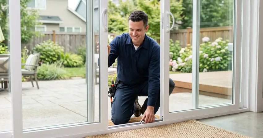 technician diagnosing a sticking patio door in Hometown, Wasaga Beach