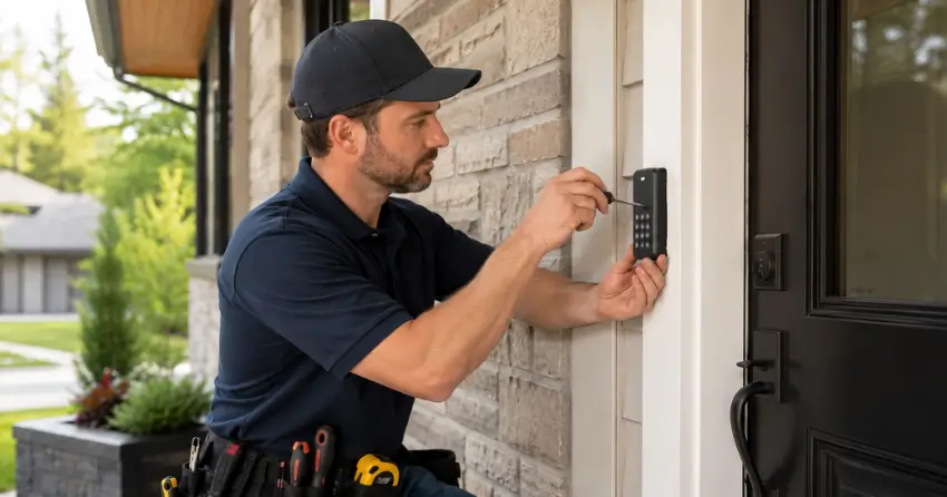 Technician installing an access control system keypad beside a residential front door in Bluewater, Wasaga Beach
