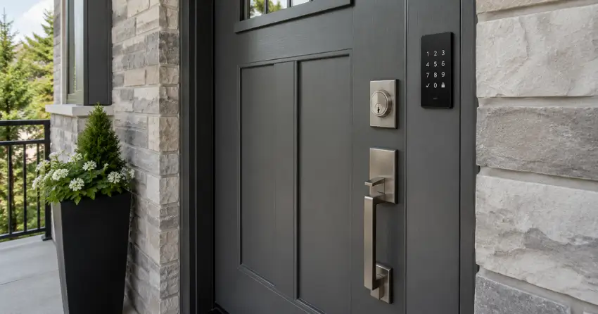 High-security door hardware and access control keypad installed on a residential entry door in Hometown, Wasaga Beach