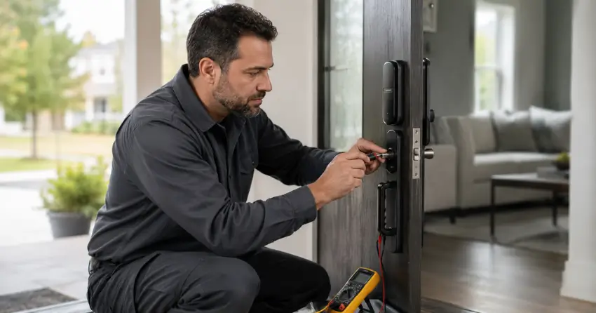 technician diagnosing automatic door lock mechanism on residential door in Fernbrook, Wasaga Beach