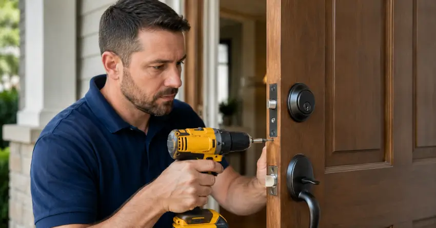 technician installing a new deadbolt during Change Door Lock Wasaga Meadows, Wasaga Beach service