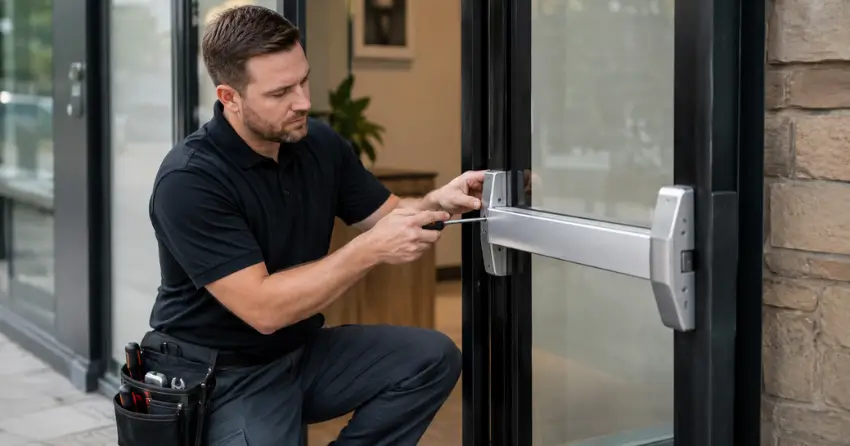 commercial locksmith repairing exit device on storefront door County Meadows, Wasaga Beach