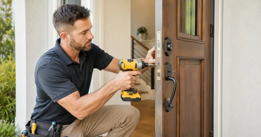 locksmith installing new deadbolt lock on front door in New England Village, Wasaga Beach