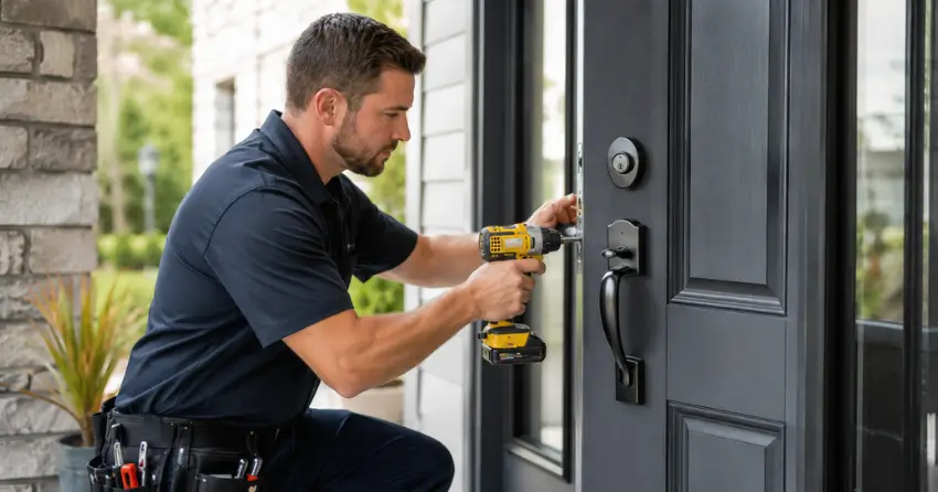 locksmith installing deadbolt lock on exterior door in Wasaga Beach