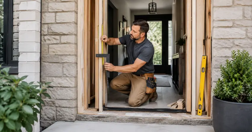 exterior door installer assessing rough opening in Bluewater, Wasaga Beach