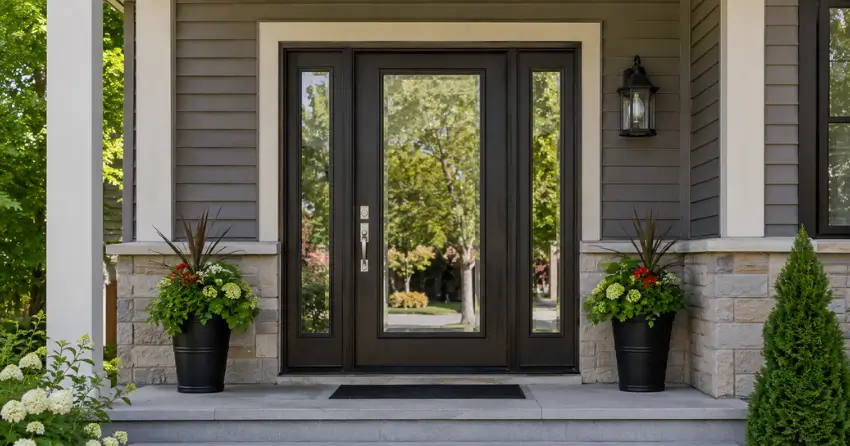 glass entry door with sidelights on a home in Fernbrook, Wasaga Beach