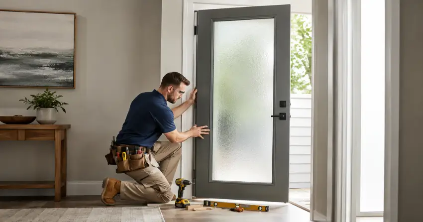 glass panel door installation with frosted privacy glass in residential setting in Bluewater, Wasaga Beach