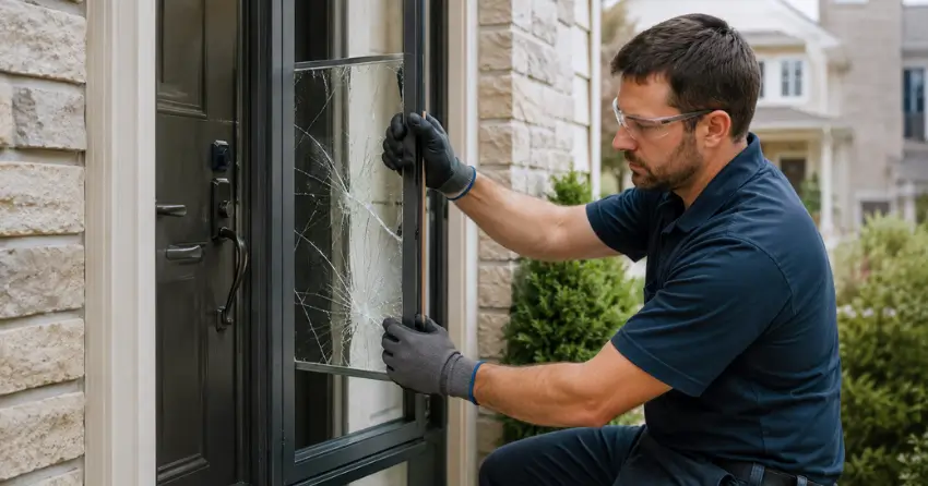 technician removing cracked storm door glass panel in New England Village, Wasaga Beach