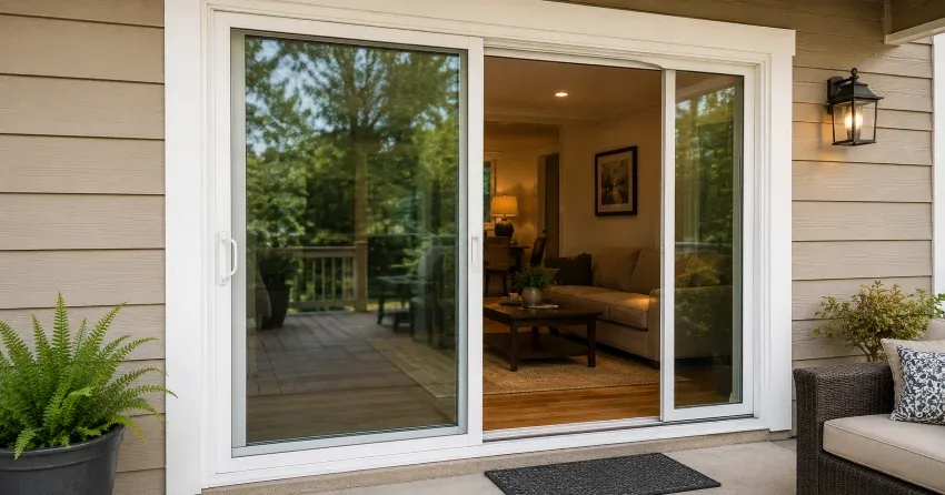 Patio Door Installation technician setting a new frame in County Meadows, Wasaga Beach