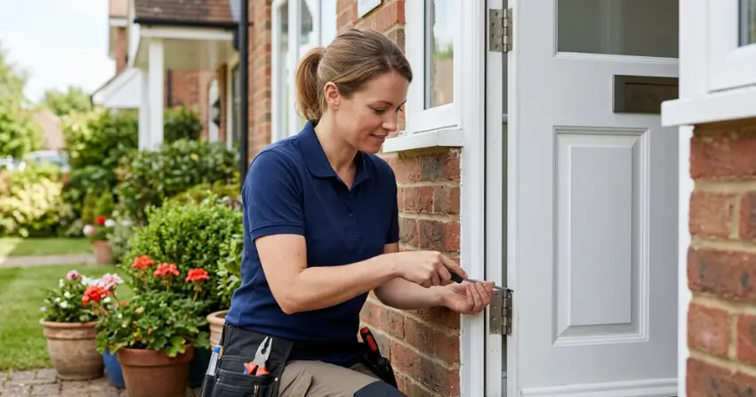 technician repairing exterior door hinge and frame in County Meadows, Wasaga Beach