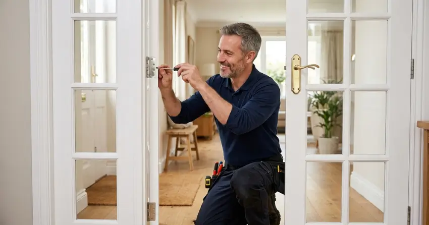 technician adjusting French door hinge for proper alignment in Shoreline Point, Wasaga Beach
