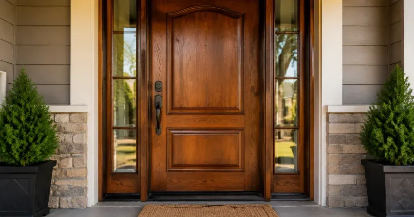 wood door mid-restoration showing stripped bare wood in Oxbow Park, Wasaga Beach