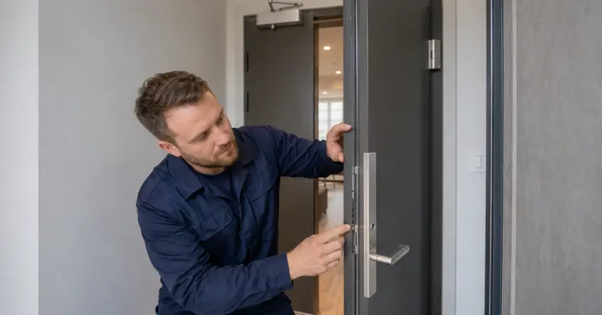 technician inspecting fire-rated door seal and hardware in Oxbow Park, Wasaga Beach