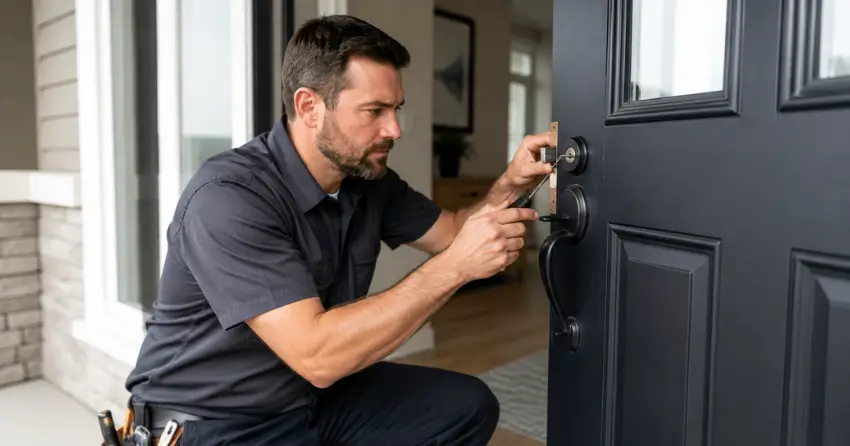 licensed locksmith technician working on residential deadbolt in Wasaga Beach