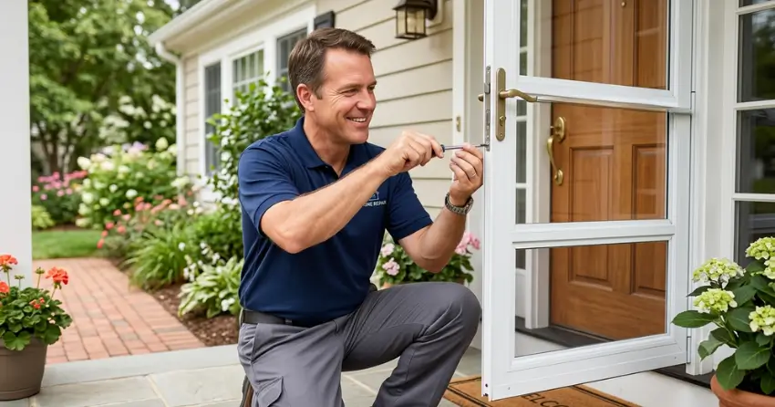 technician adjusting storm door hinge and closer in Wasaga Beach