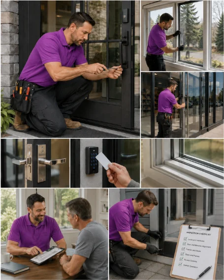 A technician checking the alignment of a replacement window during installation